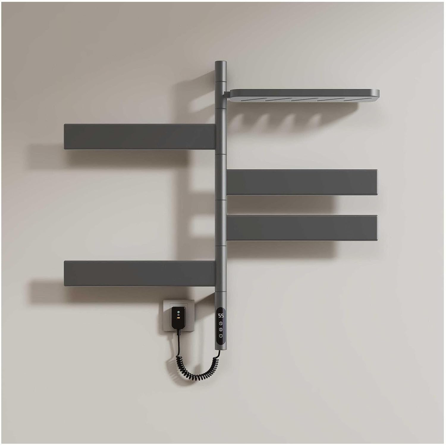 Electric Towel Warmer 180° Rotating, Heated Towel Rack with Timer, LED Display, Overheat Protection, Towel Drying Shelf for Bathroom Plug-in or Hardwired,White (Gray)