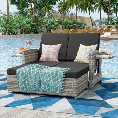BALDPER Outdoor Patio Wicker Loveseat with Ottomans, Outdoor Patio...