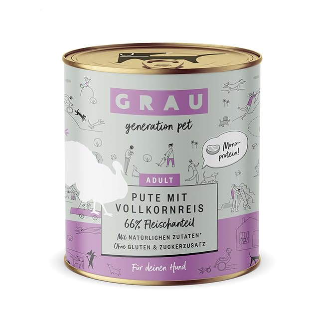 GRAU – das Original – Nassfutter für Hunde - Pute mit Vollkornreis, 6er Pack (6 x 800 g), Monoprotein, glutenfrei, für Erwachsene Hunde