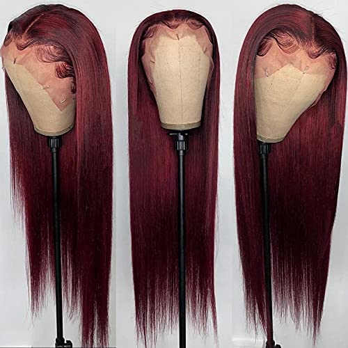 U&A 99J Colored Straight Transparent 4X4 Lace Closure Wig Brazilian Invisible Burgundy Lace Front Wigs Human Hair Pre Plucked With Baby Density 150 (20inch)