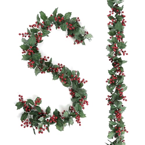 U'Artlines Total 12.4Ft Christmas Garland 2PCS Artificial Holiday Hanging Garlands Christmas Vine with Red Berries for Stairs Wall Fireplace Mantel Indoor Outdoor Decor