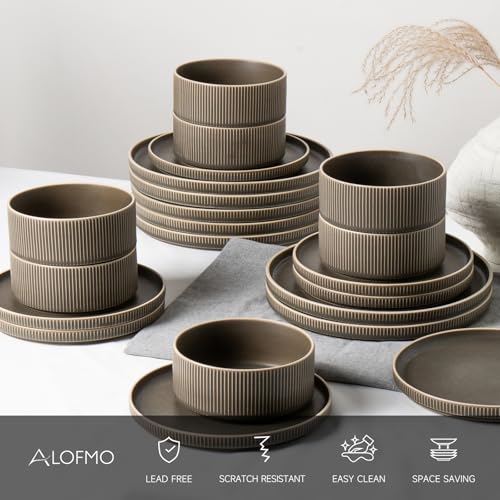 Image of Stoneware Dinnerware Sets for 4, 12Pcs Plates and Bowls Set, Matte Green