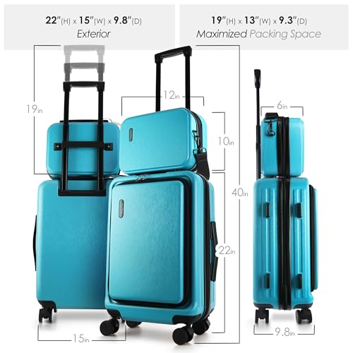 Image of 20 Inch Carry On Luggage 22x14x9 Airline Approved, Carry On Suitcase with Wheels, Hard-shell Carry-on Luggage, Durable Luggage Carry-On, Teal Small Suitcase with Cosmetic Case
