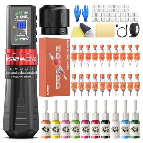 WORMHOLEPRO Aluminum Alloy Tattoo Gun with Adjustable Tattoo Pen Stroke, Tattoo Kit with Dotwork Mode, Memory Function, Complete Beginners Kit and Professional Tattoo Artists - Compact/Lightweight