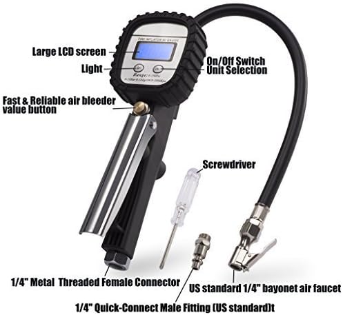 Exwell Universal Tyre Gauge with Air Chuck 0-150psi 3 in 1 Digital Tyre Pressure Gauge Inflator with LCD Display for Checking Car Van Truck Motorcycle Bicycle Tyre Pressures Auto Car Accessories