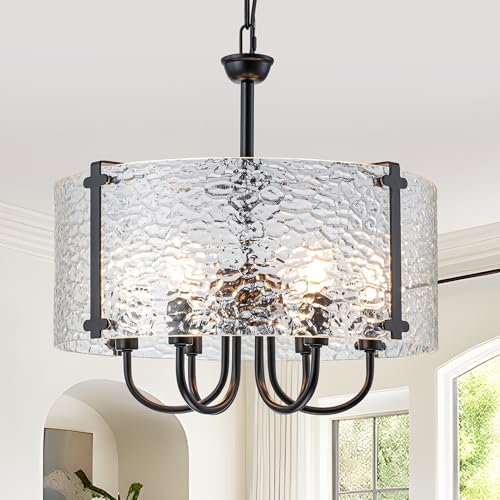 WASJEENN 17.71'' Black Glass Drum Chandelier for Dining Room 6-Lights Modern Farmhouse Entryway...