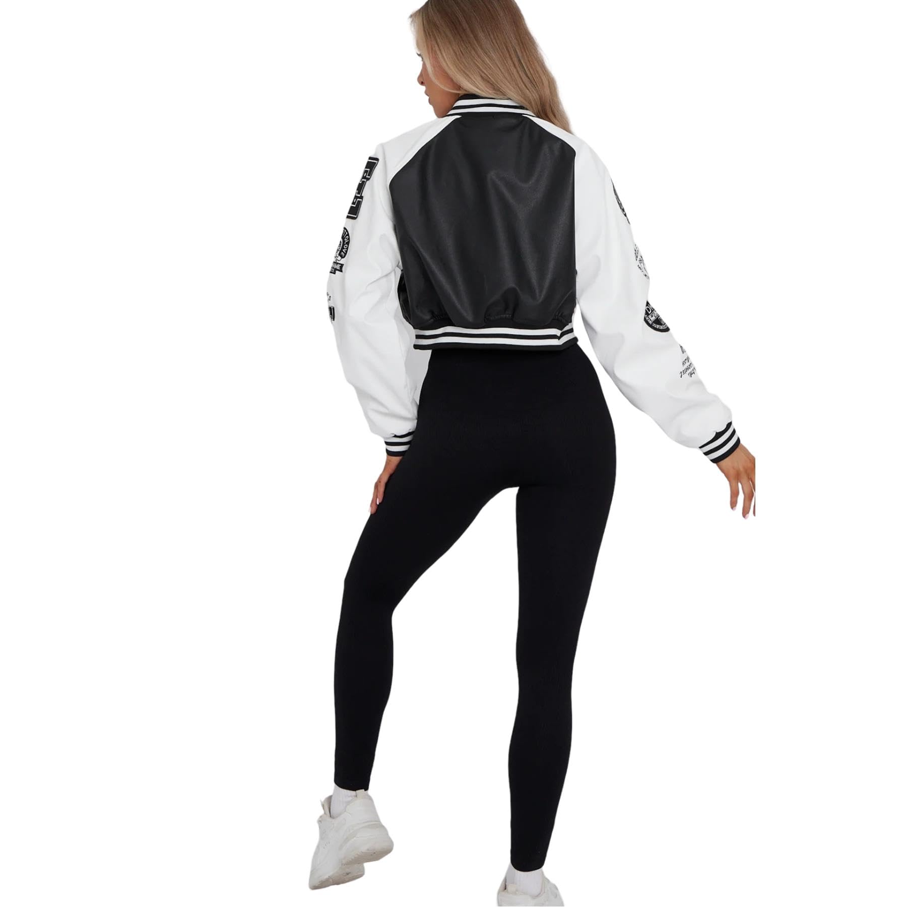 janisramone Cropped-Lederjacke für Damen mit Buchstaben-Details an Armen und Vorderseite, Kunstleder-Bomberjacke für Sport und Freizeit