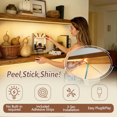 Image of ROGMARS 48 Inches Long Walnut Floating Shelves with Led Light | Rustic Solid Wood Farmhouse Wall Shelves with Invisible Brackets for Bedroom, Living Room, Kitchen, Bathroom Set of 3