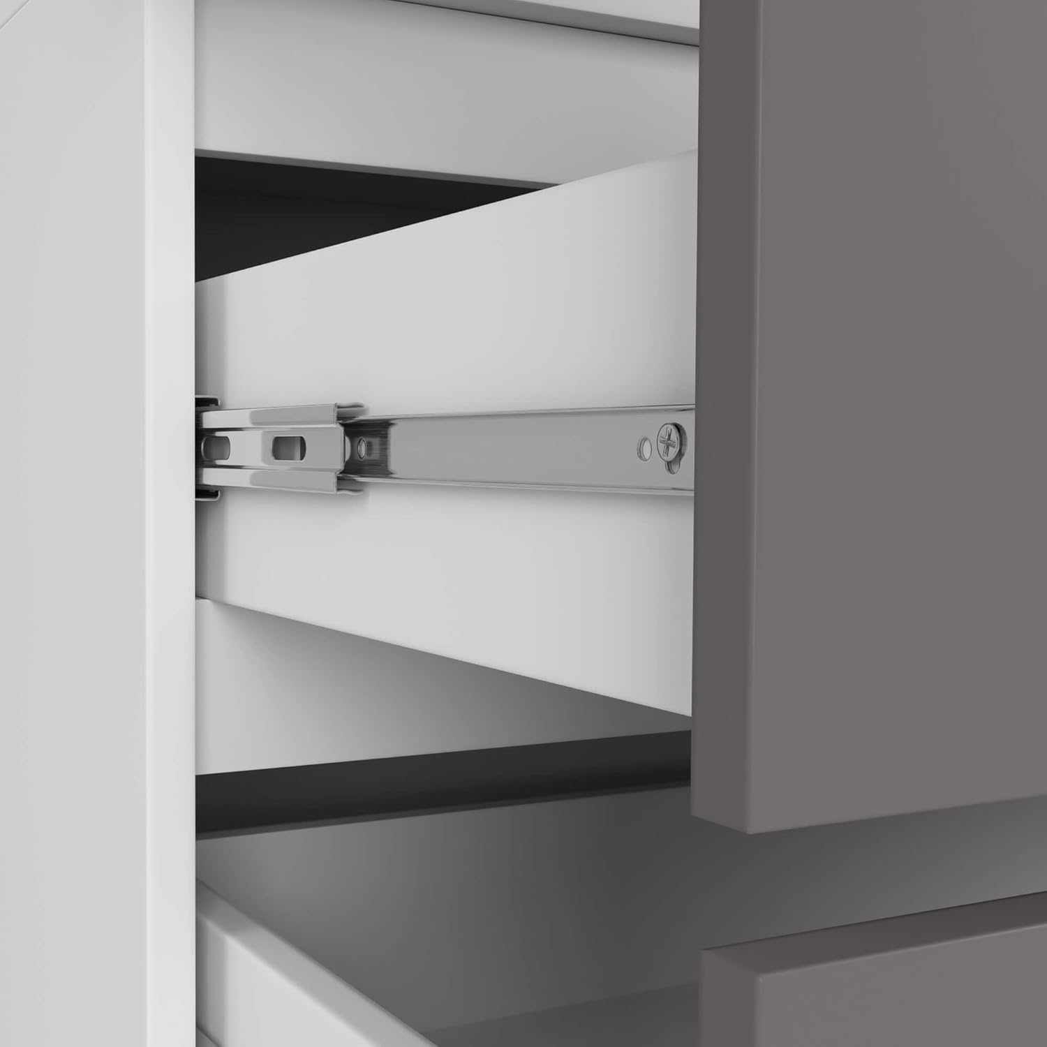 Primeiro plano view of the GTV roller guide mechanism on an open drawer of the AKORD wardrobe.