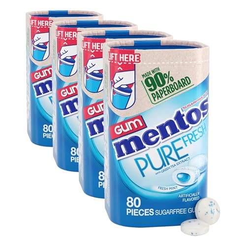 Image of Mentos Pure Fresh Sugar-Free Chewing Gum with Xylitol, Fresh Mint, in a recyclable 90% Paperboard Bottle, 80 Piece (Pack of 4)