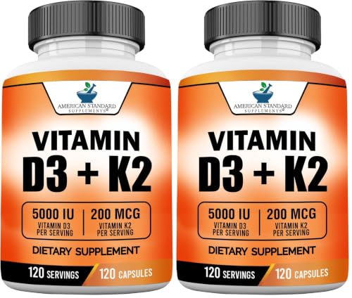Image of American Standard Supplements Vitamin D3 5000 IU (125mcg) Plus Vitamin K2 (MK7) 200mcg Per Capsule - Gluten Free, Non-GMO, 120 Capsules, 120 Servings, 120 Day Supply (Pack of 2)