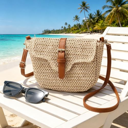 Image of Straw Bag Beach Purse Summer Purses for Women Vacation Handbags Woven Crossbody Bags Straw Shoulder Bag