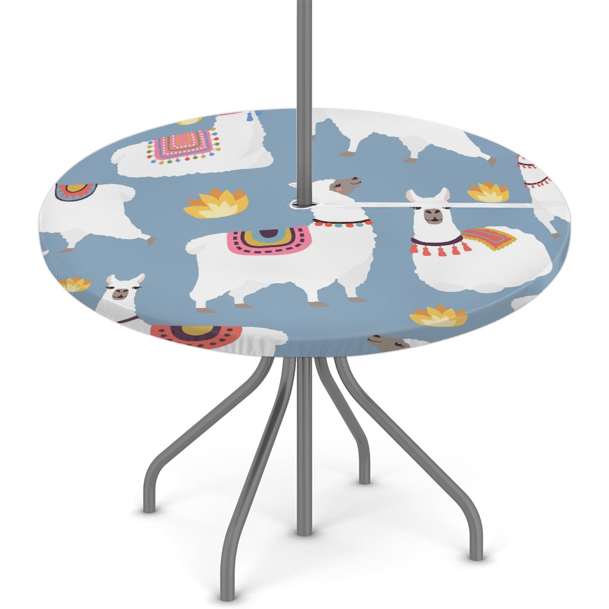 XMNYGJ Cute Llamas Round Fitted Tablecloth with Umbrella Hole Zipper Outdoor Oil Waterproof Stain Resisteant Round Elastic Table Cover for Party, Picnic and Patio 36-44 Inch