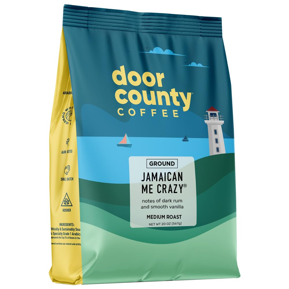 Door County Coffee - Jamaican Me Crazy - Rum & Vanilla Flavored Coffee - Medium Roast - Ground Coffee - 20 oz Bag