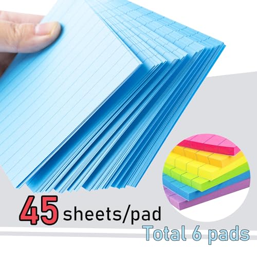 Lined Sticky Notes 4X6 in Bright Ruled Stickies Colorful Super Sticking Power Memo Pads, 45 Sheets/pad, 6 Pads/Pack