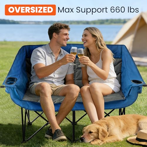 Asrug Silla de Camping Doble Acolchada para 2 Personas Plegable con Porta Vasos y Bolsillos Laterales Azul y Gris Oscuro miniatura 3