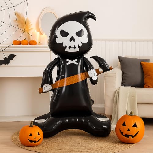 Image of AMFIN (Pack of 1) Self Standing 46 Inch Giant Grim Reaper Foil Balloon - Halloween Skeleton Balloon with Scythe | Oversized Scary Balloon for Haunted House- Black