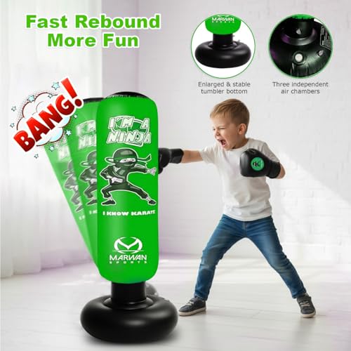 Image of Marwan Sports Ninja Kids Punching Bag - Inflatable Sensory Toy & Birthday Gift for Boys & Girls Ages 4-12, 63 inch Freestanding 5-in-1 Kit, Indoor Apartment-Quiet Sensory-Friendly Active Play
