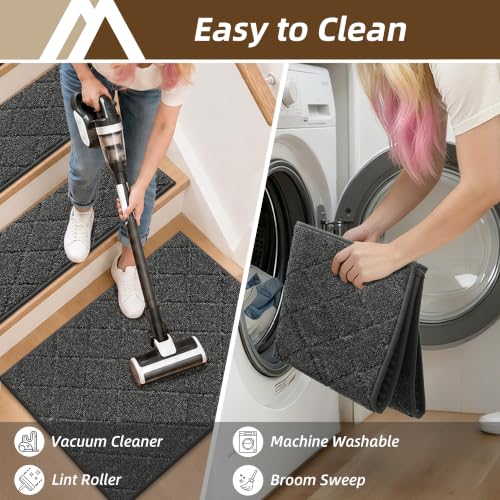 Image of COSY HOMEER Edging Stair Treads Non-Slip Corner Indoor Stair Runners for Wooden Steps,Landing Slip Resistant Stair Rugs for Kids and Dogs, 100% Polyester TPE Backing,Black,20 inchX32 inch