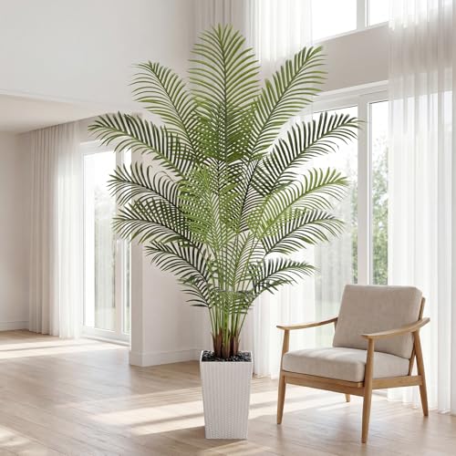 Image of 7ft Artificial Palm Tree with White Planter - Tall Fake Palm Tree Indoor Fake Tropical Plant for Home Office Living Room Bedroom Modern Decor