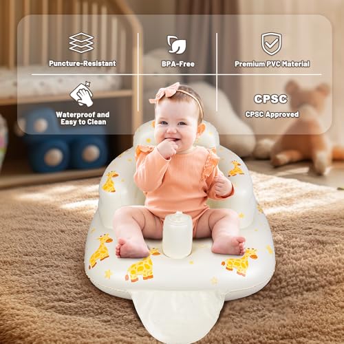 Image of JOSEN Inflatable Seat for Babies 3 Months & Up, Baby Floor Seat Learn to Sit Up, Portable Infant Feeding Shower Chair, Blow Up Baby Chair with Built-in Air Pump - Giraffe