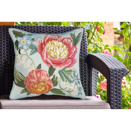 Liora Manne Lush Decor Marina Indoor/Outdoor Power Loomed Easy Care Pillow - Traditional Graphic Botanical Floral Accent (Secret Garden LT Blue) (18