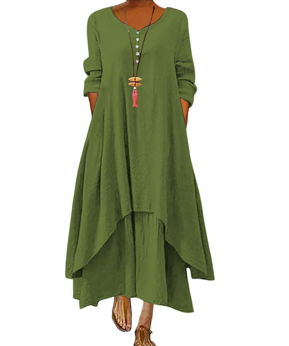 Bengbobar Linen Dress Women Long Sleeve Maxi Dress Irregular Hem Spring Flowy Beach Wedding Solid Color 2 Pieces Long Dresses