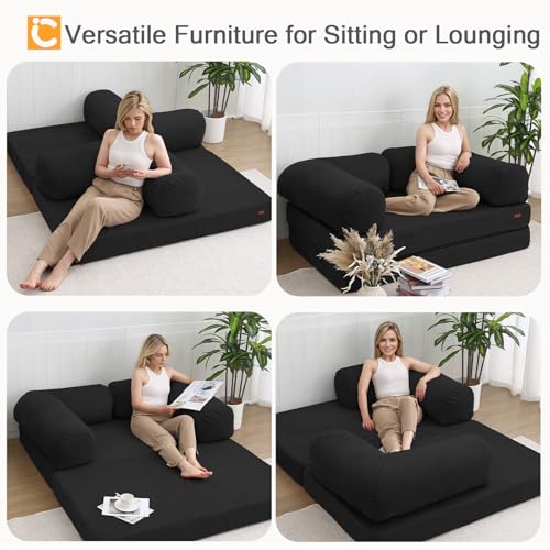 COMAX Folding Sofa Bed Queen, 4-in-1 Foldable Floor Couch Convertible Futon Sofa with Armrests Sleeper Mattress Chair Bed Comfy Portable Fold Out Lounge Guest for Living Room Bedroom, Black