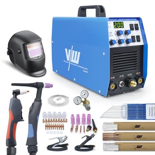 VECTOR WELDING TIG TIG200P - Soldadora de plasma CA/CC 200 A + 50 A, incluye casco y accesorios, soldadura de aluminio, función de pulso, avance/post-gas
