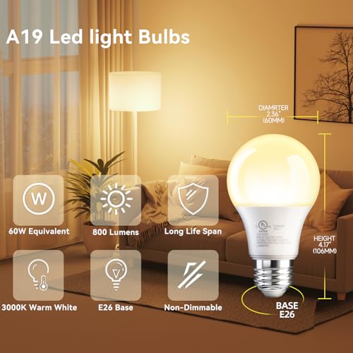 Image of TJOY 24 Pack A19 LED Light Bulbs Warm White 3000K, 60 Watt Equivalent, Efficient 9W, E26 Standard Base, Non Dimmable Energy Saving Warm Light Lamp Bulb, 800LM, 120V, for Home, Bedroom, Living Room