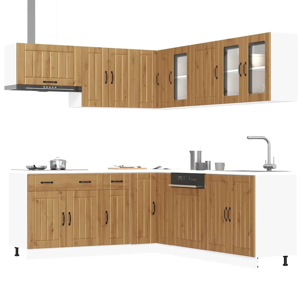 Küchenzeile Lucca - Set di mobili da cucina da 11 pezzi, effetto rovere Artisan, cucina da incasso modulare in legno, molto spazio per stoviglie e elettrodomestici, set completo con armadio
