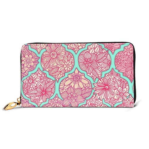 Preisvergleich Produktbild JHGFG Marokkanisches Blumengitter-Arrangement Rosa RFID-Blocking-Reißverschluss für Damen Geldbörse Echtes Leder Clutch Langer Kartenhalter Organizer Wallets Große Reisetasche