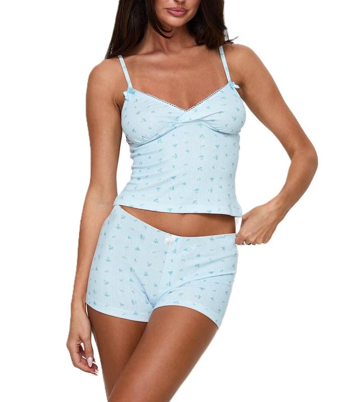 Image of Womens Y2K Cute Print Cami Pajama Sets Lace Trim V Neck Tank Top Shorts Set Bow Heart Print 2 Piece Sleepwear