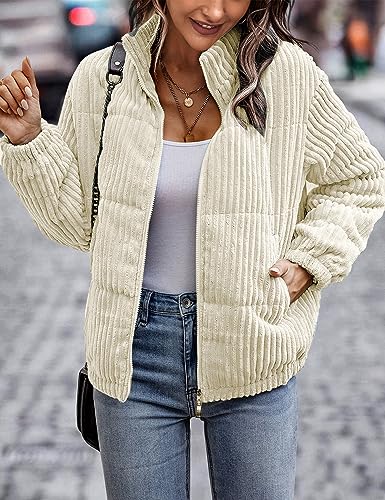 Flygo Corduroy Puffer Jacket Women Quilted Jackets Lightweight Baggy Zip Spring Fall Jackets Coats 20242