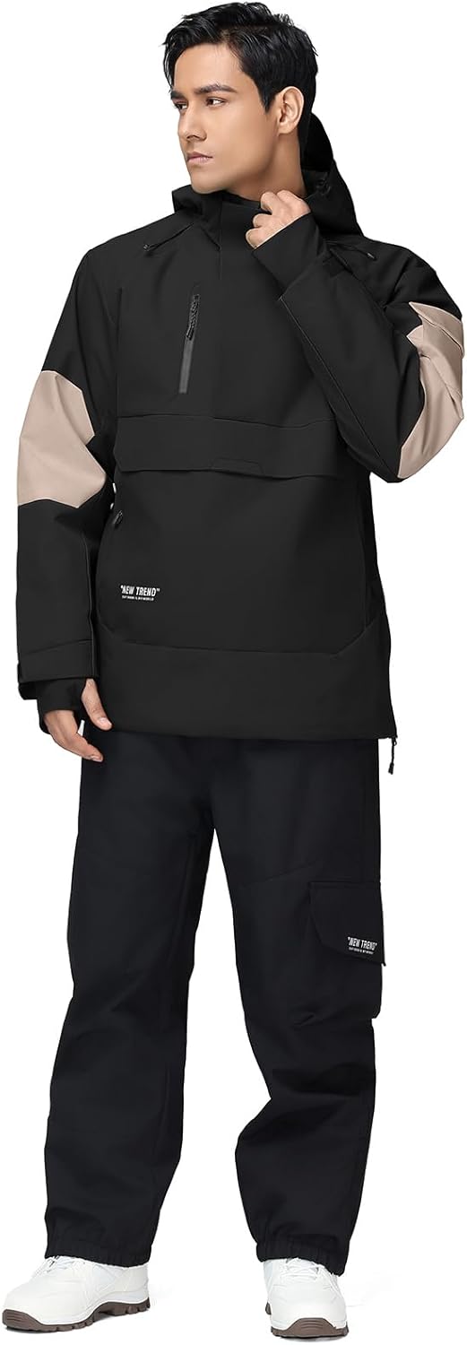 YEEFINE Men's Ski Jacket Snowboard Snow Coat Waterproof Insulated Winter Warm Loose Fit Pullover Hoodie