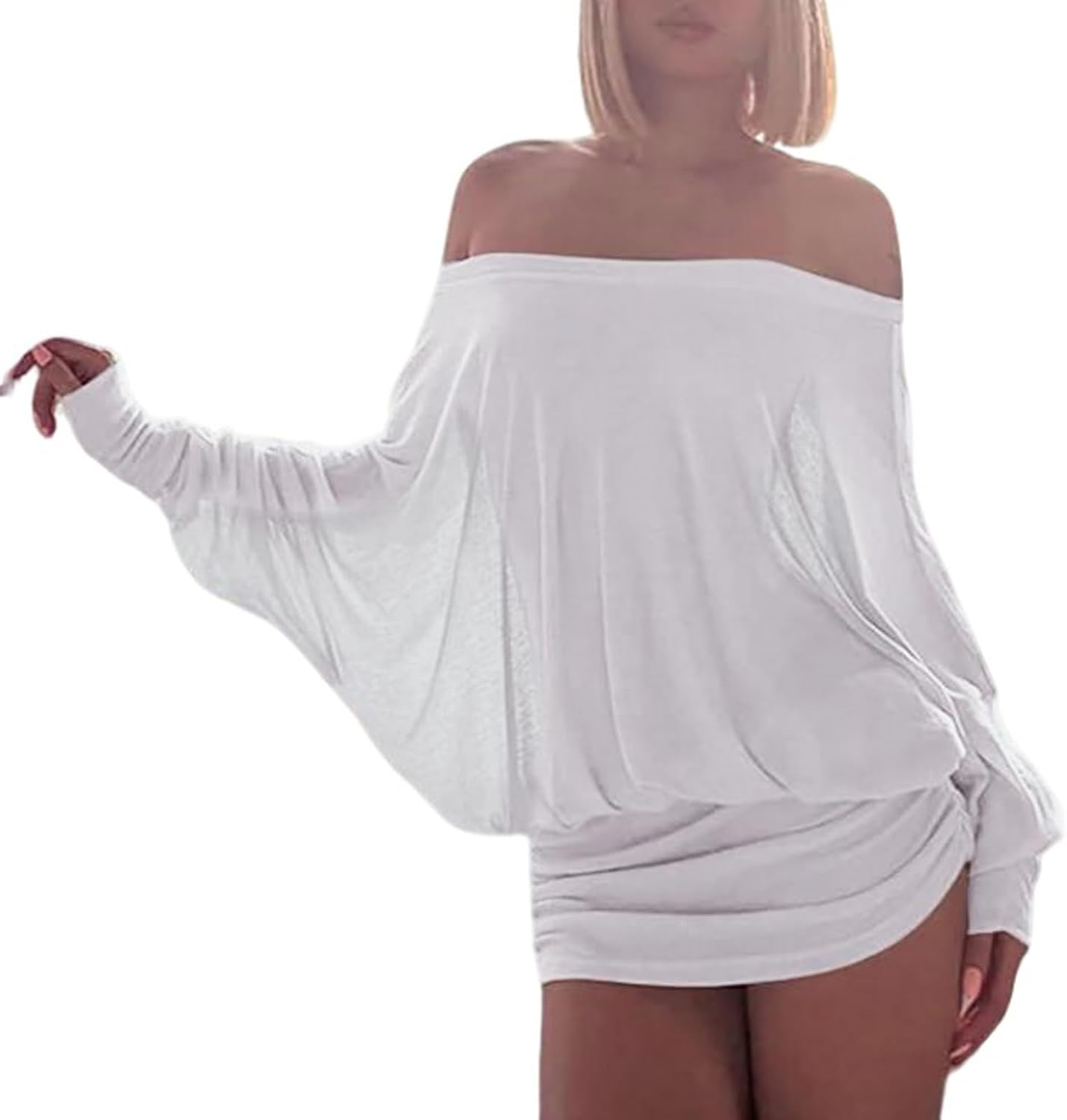 Ophestin Off The Shoulder Batwing Dress for Women Ruched Casual Going Out Long Sleeve Mini Dresses Loose