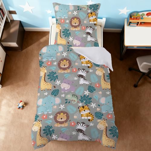 Snugoria Housse de Couette Animal 140x200 Parure de Lit Enfant Garçon Cartoon Animé, Parure Lit 1 Personne en Microfibre avec Taie d'oreiller 65x65cm Cadeau...