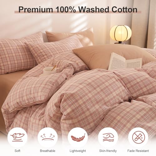 Image of EAVD Pink Gingham Duvet Cover Full Soft Washed Cotton Reversible Grid Plaid Bedding Set with 2 Pillowcases Modern Checkered Grid Duvet Cover with Zipper Farmhouse Gingham Bedding Set for All-Season