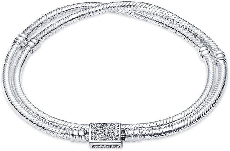 Double Loop Snake Chain Bracelet 925 Sterling Silver with Cubic Zirconia Clip Jewelry Bracelet for Women 18 Cm Mother's Day