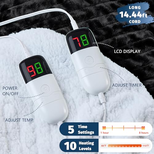 Heated Electric Blanket Queen Size - 84" x 90" Heating Blanket with Dual Control, 10 Levels & 8 Hours Auto Off, Soft Warm Flannel Gift with Over-Heat Protection, ETL & FCC Certified