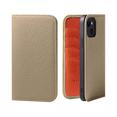 iPhone 14 Plus ケース バイカラー 手帳型 本革 シュリンクカーフレザー スマホケース 耐衝撃 磁石不使用 マグネットなし ハンドメイド グレージュ オレンジ PH-14Plus-Grege-OG