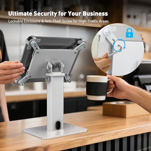 Image of AboveTEK Anti-Theft iPad Kiosk Stand, 360 Rotation & Adj. Height 8.3 inch-13.4 inch, Heavy-Duty Steel & Aluminum, Fits 9.7 inch-13 inch Tablets, Security Retail POS Tablet Stand for Business & Commercial Use (Silver)