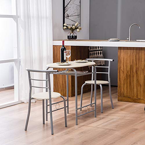 Image of VINGLI 3 Piece Dining Set, Small Kitchen Table Set for 2, Breakfast Table Set, Kitchen Wooden Table with 2 Chairs for Small Space /Dining Room /Apartment, Metal Frame, Wine Rack, Beige