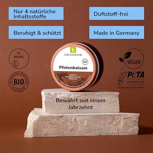 GREENDOOR natürlicher Bio Pfotenbalsam für weiche Pfoten 50ml, vegane Pfotenpflege beugt Rissen vor, schützt vor Umwelteinflüssen, bei Hitze Kälte Nässe Schnee (Pfotenbalsam 50ml)