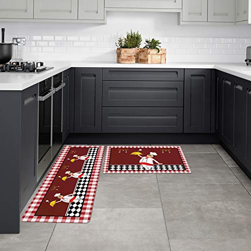 Possta Decor Cute Chef Kitchen Rug Set Of 3 Piece,Dining Room Floor Mats Non-Slip Area Runner,Red Black White Grid Washable Carpet Indoor Doormat Pad Sets #TOP3