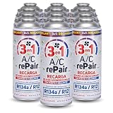 AC REPAIR 3 en 1 Recarga Aire Acondicionado Coche con Aceite Sellante Detector Tapa Fugas 220g Sustituto Gas Refrigerante R134a R12 Fácil de Usar Recambio Sellador Compatible Coches 1992-2016 Pack 12