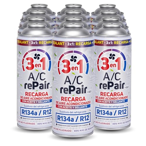 AC REPAIR 3 en 1 Recarga Aire Acondicionado Coche con Aceite Sellante Detector Tapa Fugas 220g Sustituto Gas Refrigerante R134a R12 Fácil de Usar Recambio Sellador Compatible Coches 1992-2016 Pack 12