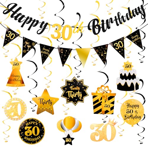 Image of 30th Birthday Decorations for Him Black Gold Happy 30th Birthday Decorations For Men Women Pre Strung Birthday Banner Bunting and Hanging Swirls