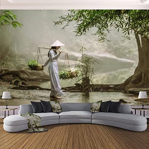 Modern Wall Murals 3D The Vietnamese Girl In The Traditional Dress Is Carrying A Basket With Peel And Stick Wallpaper Removable Self-Adhesive Pvc Wall Stickers For Living Room Bedroom Wall Decor #TOP28