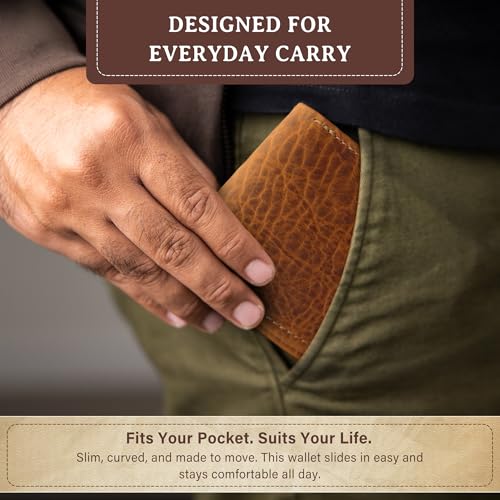 Genuine Leather Wallets for Men - RFID Men's Front Pocket Wallet - Curved Bison Leather Men’s Wallet w/ 3 Card Slots, Full Billfold Section & More - Slim Wallets for Men (Brown)4